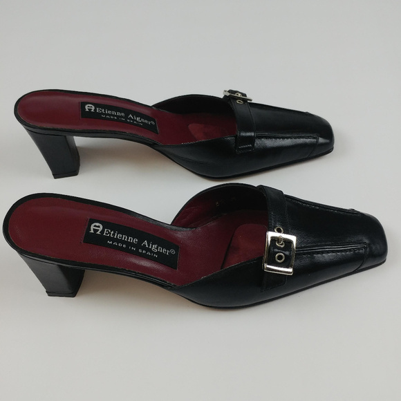 Etienne Aigner Mule Heels Size 5.5 Black Leather - Picture 4 of 7